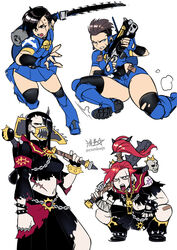  adeptus_astartes axe black_hair black_legion black_nails boots bracelet brass_knuckles breasts brown_hair chain_axe chainsword chaos_(warhammer) chaos_space_marine clenched_teeth club_(weapon) crop_top delinquent gun highres holding holding_sword holding_weapon horns jewelry kanabou knee_boots knee_pads lasgun mask medium_breasts medium_skirt midriff miniskirt mohawk mouth_mask navel pale_skin pleated_skirt red_hair ryuusei_(mark_ii) scar scar_across_eye scar_on_cheek scar_on_face short_hair short_shorts shorts signature skirt sliding spiked_bracelet spiked_club spikes squatting sukeban sword sword_on_back teeth tongue tongue_out topknot torn_clothes twitter_username ultramarines warhammer_40k weapon weapon_on_back 