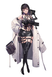  bare_shoulders black_hair boots breasts buttons chains coat collar commentary_request earrings explosive female full_body garter_straps gloves goddess_of_victory:_nikke grenade hand_on_own_hip head_tilt high_heels highres holster id_card jewelry large_breasts lips long_hair long_sleeves looking_at_viewer midriff mihara_(nikke) miniskirt o-ring off_shoulder official_art parted_lips purple_eyes shiny_clothes shiny_skin skirt smile solo standing tachi-e thigh_boots thigh_holster thighs weapon weapon_on_back white_background yoya_yogurt zettai_ryouiki 