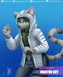  2019 absurd_res anthro clothed clothing digital_media_(artwork) epic_games felid fortnite fur gatogenerico hi_res hoodie looking_at_viewer male mammal master_key_(fortnite) pantherine simple_background solo tan_body tan_fur tiger topwear 