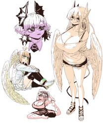  +_+ 4girls :&lt; @_@ ahoge angel angel_wings aohada_bocchi arms_behind_back bat_wings black_bra black_shorts blonde_hair bra bra_strap breasts commentary_request cramp creator_connection demon_girl demon_horns denim denim_shorts feathered_wings head_wings highres horns huge_breasts kinjo_no_hito_no_nakimushi legs lian_(aohada_bocchi) limited_palette long_hair lorem_(mazohaha) multiple_girls musuko_ga_kawaikute_shikatanai_mazoku_no_hahaoya ochiai_(kinjo_no_hito_no_nakimushi) pointy_ears ponytail raspberry_(yakunitatsu_node_chi_o_kudasai) sandals school_uniform shorts sitting smile stretching sweat sweatdrop tail tank_top thick_thighs thighs toes underwear vampire white_background white_wings wings yakunitatsu_node_chi_o_kudasai zyugoya 