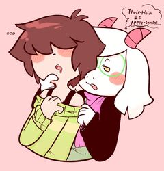  5_fingers ahoge anthro avoid_posting big_ears blush bodily_fluids bovid brown_hair buckteeth caprine clothed clothing conditional_dnp dark_hair deltarune dominant dominant_anthro drawz_art drooling duo ellipsis english_text eyewear femboy fingers floppy_ears front_view fully_clothed fur glasses goat green_clothing green_topwear hair hair_over_eyes half-closed_eyes horn hug human human_on_anthro humanoid_hands interspecies kris_(deltarune) light_body light_fur light_skin long_ears looking_at_another looking_at_partner mammal multicolored_clothing narrowed_eyes no_sclera open_mouth pale_fur pale_skin pink_background pink_horn pseudo_hair ralsei robe romantic saliva scarf simple_background snout submissive submissive_human sweater tan_body tan_skin teeth text thought_bubble topwear touching_face undertale_(series) white_body white_fur yellow_eyes 