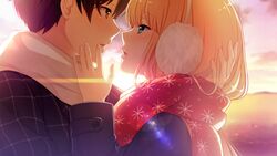  1boy akino_subaru backlighting bethly_rose_daisley black_hair blonde_hair blue_eyes brown_eyes couple earmuffs enpera eye_contact female game_cg gin&#039;iro_haruka imminent_kiss lens_flare long_hair long_sleeves looking_at_another niimi_yukito open_mouth print_scarf red_scarf scarf snowflake_print straight sunset upper_body white_scarf 