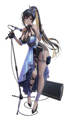  amplifier bare_shoulders belt black_hair blonde_hair blue_eyes blush bow bowtie breasts cleavage commentary_request dark-skinned_female dark_skin earrings female fingernails goddess_of_victory:_nikke hair_ornament high_heels high_ponytail highres holster jewelry large_breasts lips long_hair looking_at_viewer microphone microphone_stand mole mole_on_breast multicolored_hair nail_polish noise_(nikke) official_art overskirt parted_lips ponytail shiny_skin short_shorts shorts sleeveless solo tachi-e thigh_holster thighs two-tone_hair white_background wire yoya_yogurt 