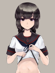  black_eyes black_hair black_sailor_collar braid closed_mouth commentary_request disgust female grey_background isonami_(kancolle) isonami_kai_ni_(kancolle) kantai_collection kurou_(bcrow) long_hair navel sailor_collar school_uniform serafuku short_sleeves sidelocks twin_braids 