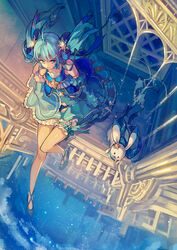  ahoge arm_at_side bare_shoulders blue_bow blue_dress blue_eyes blue_footwear blue_gloves blue_hair bow building column commentary constellation constellation_print creature detached_sleeves dress female fingerless_gloves floating_hair frilled_dress frilled_sleeves frills from_above gloves hair_ornament hairbow hairclip hatsune_miku highres holding holding_wand hunxiao_xingshuang knee_up long_hair looking_away night night_sky pillar rabbit_yukine scenery sideways_glance sitting sky slippers smile star_(sky) star_(symbol) thighlet twintails vocaloid wand window yuki_miku yuki_miku_(2017) 