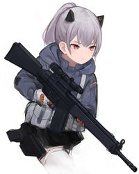  assault_rifle boots cowboy_shot female girls&#039;_frontline gloves gun h&amp;k_hk33 handgun highres hk33_(girls&#039;_frontline) holding holding_gun holding_weapon rampart1028 red_eyes rifle scope skirt solo sweater thighhighs thighhighs_under_boots trigger_discipline weapon white_background white_hair 