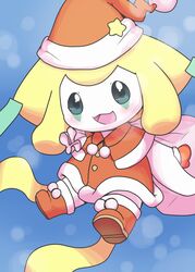  2018 bag blue_eyes blush boots christmas christmas_clothing christmas_headwear clothing costume floating footwear generation_3_pokemon gloves handwear hat headgear headwear hi_res holidays humanoid jirachi legendary_pokemon looking_at_viewer nintendo open_mouth pokemon pokemon_(species) santa_costume santa_hat simple_background solo star wadorigi white_body white_skin 