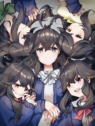  ahoge black_hair blue_eyes blush bow female hair_between_eyes highres izumo_kasumi_(nijisanji) jacket long_hair long_sleeves looking_at_viewer mole mole_under_mouth multiple_views nijisanji open_mouth pomuo school_uniform smile virtual_youtuber 