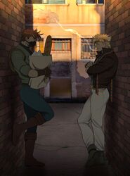  2boys against_wall alley alternate_costume backpack bag baguette battle_tendency belt blonde_hair boots bread brick_wall brown_belt brown_footwear brown_gloves brown_hair brown_jacket caesar_anthonio_zeppeli catneylang cigarette closed_eyes commentary covered_mouth crack cracked_floor crossed_ankles crossed_arms denim english_commentary eyebrows facial_mark fingerless_gloves food foot_up from_side full_body gloves green_footwear green_gloves green_jacket grocery_bag hamon_mask headband highres holding holding_bag jacket jeans jojo_no_kimyou_na_bouken joseph_joestar_(young) knee_boots leaning looking_away looking_down male_focus mask mouth_hold multiple_boys multiple_sources outdoors pants paper_bag photo_background popped_collar profile shopping_bag short_hair smoke smoking standing standing_on_one_leg thick_eyebrows triangle_print wall white_pants wing_hair_ornament 