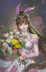  animal_ears bouquet brown_hair collar douluo_dalu dress female floral_background flower hair_ornament highres holding holding_bouquet long_hair looking_at_viewer metal_collar pink_dress ponytail purple_eyes rabbit_ears shuise_hua_qing smile solo upper_body xiao_wu_(douluo_dalu) 