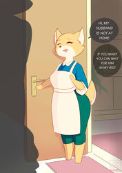  absurd_res anthro apron canid canine cheating_wife clothed clothing ddm004 dialogue doorway english_text female fox hi_res infidelity inviting jill_(ddm004) mammal married mature_female opening_door slightly_chubby solo text 