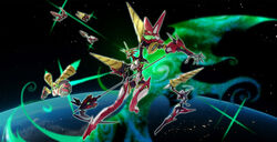  absurdres bingshan breasts clenched_hands detached_arm drill earth_(planet) getter_robo glowing glowing_eyes green_eyes highres holding holding_scythe large_breasts looking_up mecha open_hand open_mouth planet redesign robot science_fiction scythe shin_bear_(getter) shin_eagle_(getter) shin_getter-1 shin_getter-2 shin_getter-3 shin_getter_robo shin_jaguar_(getter) space super_robot thrusters 