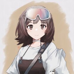  animal_ears arknights brown_background brown_eyes brown_hair brown_overalls choker commentary female goggles goggles_on_head highres jacket keaworks looking_at_viewer off_shoulder open_clothes open_jacket otter_ears overalls roberta_(arknights) shirt short_hair simple_background smile solo two-tone_background upper_body white_background white_choker white_jacket white_shirt 