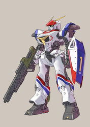  beige_background clenched_hands d-1 gun highres holding holding_gun holding_shield holding_weapon katahira_masashi kikou_senki_dragonar looking_ahead mecha no_humans robot science_fiction shield solo standing weapon yellow_eyes 