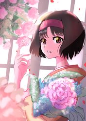  absurdres backlighting black_hair bouquet commentary_request erika_(pokemon) falling_petals female flower from_side hairband highres holding holding_bouquet indoors japanese_clothes kimono looking_at_viewer noppe parted_bangs petals pokemon pokemon_frlg short_hair solo window yellow_eyes 