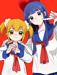  2girls 50yen_(gojiue) :3 anger_vein blonde_hair blue_eyes blue_hair blush bow closed_mouth colored_sclera cracking_knuckles hand_on_another&#039;s_shoulder long_hair medium_hair multiple_girls pipimi poptepipic popuko red_background red_bow school_uniform scrunchie simple_background twintails upper_body veins veiny_hands yellow_eyes yellow_sclera 