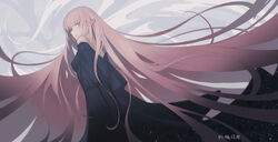  absurdres bare_shoulders black_dress chinese_commentary commentary_request dress female from_behind highres long_hair looking_at_viewer off-shoulder_dress off_shoulder original photoshop_(medium) pink_eyes pink_hair pointy_ears solo very_long_hair yurayura 