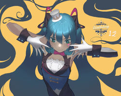  absurdres aqua_eyes aqua_hair chinese_commentary commentary_request female gloves happy_birthday hatsune_miku highres long_hair magical_mirai_(vocaloid) magical_mirai_miku magical_mirai_miku_(2019) photoshop_(medium) simple_background smile solo very_long_hair vocaloid white_gloves yellow_background yurayura 