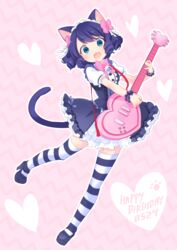  2018 absolute_territory accessory alternate_species alternative_fashion animal_humanoid bell black_clothing black_ears black_hair black_tail bow_(feature) bow_accessory bow_ribbon bow_tie cat_humanoid clothed clothing curled_hair cute_fangs cyan_hijirikawa electric_guitar english_text felid felid_humanoid feline feline_humanoid female full-length_portrait goth gothic_lolita guitar hair hair_accessory hair_ribbon hairbow holding_object humanoid humanoidized inner_ear_fluff j-fashion legwear lolita_(fashion) looking_at_viewer maid_headdress mammal mammal_humanoid musical_instrument pattern_clothing pattern_legwear pink_bow playing_guitar playing_music plucked_string_instrument portrait ribbons sanrio short_hair show_by_rock!! solo stockings string_instrument striped_clothing striped_legwear stripes tail text thigh_highs tuft yuikawa 