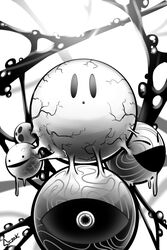  closed_eyes closed_mouth dot_mouth eldritch_abomination false_smile greyscale inktober kirby:_star_allies kirby_(series) looking_at_viewer monochrome no_humans siczak smile spoilers swirl veins void_(kirby) void_termina 