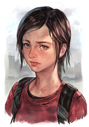  backpack bag black_shirt blue_eyes brown_hair closed_mouth cropped_torso ellie_(the_last_of_us) female freckles hungry_clicker long_hair long_sleeves looking_at_viewer portrait red_sweater scar shirt solo sweater the_last_of_us the_last_of_us_(series) 