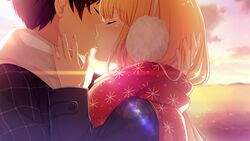  1boy akino_subaru backlighting bethly_rose_daisley black_hair blonde_hair blush closed_eyes couple earmuffs enpera female game_cg gin&#039;iro_haruka hand_in_another&#039;s_hair kissing long_hair niimi_yukito print_scarf profile red_scarf scarf short_hair snowflake_print straight sunrise white_scarf 