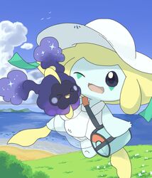  2017 ambient_bird ambient_flier ambient_silhouette avian bag beach bird clothing cloud cosmog cosplay dress duo_focus female floating generation_3_pokemon generation_7_pokemon grass group headgear headwear hi_res humanoid jirachi legendary_pokemon lillie_(pokemon) nintendo one_eye_closed open_mouth outside panties plant pokemon pokemon_(species) pokemon_trainer purple_body sea seaside silhouette sky underwear wadorigi water white_body white_skin 