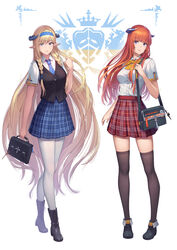  2girls alternate_costume ankle_boots arknights athrun1120 bag bagpipe_(arknights) black_footwear black_vest blonde_hair blue_eyes blue_necktie blue_skirt blunt_bangs boots bow bowtie breasts briefcase closed_mouth collared_shirt commentary_request dragon_horns dress_shirt full_body highres horns kingdom_of_victoria_logo large_breasts long_hair looking_at_viewer miniskirt mixed-language_commentary multiple_girls necktie orange_hair pantyhose plaid plaid_skirt pleated_skirt pointy_ears purple_eyes red_skirt saileach_(arknights) school_briefcase school_uniform shirt short_sleeves shoulder_bag skirt smile standing thighhighs very_long_hair vest white_background white_legwear white_shirt yellow_bow zettai_ryouiki 