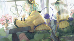  absurdres aqua_eyes aqua_hair black_hat bow closed_eyes commentary congming_lan cup curtains different_reflection dual_persona eyeball female flower frilled_sleeves frills full-length_mirror green_skirt hat hat_bow hat_ribbon heart heart_of_string highres holding holding_cup indoors knife koishi_day komeiji_koishi laughing light_blush light_green_hair long_sleeves looking_back mini_hat mirror open_mouth pink_flower pink_rose reflection ribbon rose sailor_collar shirt short_hair sidelocks sitting skirt smile solo sparkle swept_bangs table teapot third_eye touhou vase wide_sleeves window yellow_bow yellow_ribbon yellow_shirt 