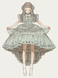  bad_id bad_pixiv_id beige_background blunt_bangs bow bowing brown_hair closed_eyes closed_mouth dress female frills green_dress green_neckwear high-low_skirt highres lolita_fashion long_hair original sakauchi_waka simple_background skirt_hold solo standing tachi-e white_footwear 