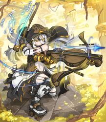  bare_shoulders black_hair bow_(music) commentary_request crossbow elbow_gloves energy_arrow expressionless female gauntlets gloves highres hood instrument long_hair midriff mix_(candlmix) multicolored_hair navel original petals platform_footwear single_gauntlet streaked_hair thighhighs two-tone_hair violin weapon white_hair yellow_eyes 