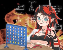  @_@ absurdres bikini black-framed_eyewear black_bikini black_gloves black_hair blue_eyes blush breasts brontidepng cleavage connect_four demon_girl demon_horns ear_piercing female fingerless_gloves fire geometry glasses gloves heart heart_necklace highres horns jacket jewelry large_breasts long_hair math math_lady_(meme) meme multicolored_hair nanashi_inc. necklace official_alternate_costume open_mouth piercing pointy_ears red_hair round_eyewear ryugasaki_rene ryugasaki_rene_(2nd_costume) shrug_(clothing) single_glove single_sleeve solo sugar_lyric swimsuit table two-tone_hair underboob upper_body virtual_youtuber white_jacket wristband 