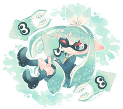  accessory ambiguous_gender animal_humanoid blush bottomwear bow_(feature) bow_accessory bow_ribbon cephalopod cephalopod_humanoid clothed clothing female footwear fully_clothed gradient_eyes green_body green_hair group hair hair_accessory hair_ribbon hairbow hug humanoid inkling inkling_(squid_form) inkling_girl marine marine_humanoid mollusk mollusk_humanoid mugita_konomi nintendo one_eye_closed ribbons school_uniform shoes signature simple_background skirt socks splatoon uniform white_background 