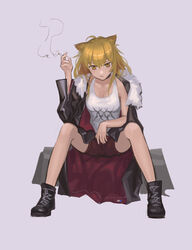  absurdres animal_ears arknights bare_legs black_footwear blonde_hair boots breasts chinese_commentary cigarette cleavage commentary_request female highres holding holding_cigarette jacket jacket_on_shoulders leather leather_jacket looking_at_viewer medium_breasts photoshop_(medium) red_shorts shorts siege_(arknights) sitting solo yellow_eyes yurayura 