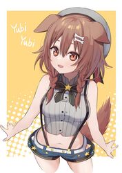  animal_ears bare_shoulders belt beret blue_shorts bone_hair_ornament braid breasts brown_eyes brown_hair catchphrase cosplay cropped_shirt dog_ears dog_girl dog_tail female grey_shirt hair_between_eyes hair_ornament hat hololive inugami_korone long_hair looking_at_viewer medium_breasts medium_hair midriff navel oozora_subaru oozora_subaru_(cosplay) oozora_subaru_(work) open_mouth shirt shorts simple_background sleeveless sleeveless_shirt smile solo standing striped_clothes striped_shirt suspenders syhan tail vertical-striped_clothes vertical-striped_shirt virtual_youtuber wide_hips 