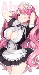  aizono_manami aizono_manami_(1st_costume) apron black_bow black_bowtie black_ribbon black_skirt blush bow bowtie breasts buttons character_name cleavage_cutout clothing_cutout commentary cowboy_shot double-breasted female hands_in_hair hands_up heart heart-shaped_pupils heart_cutout highres konogi_nogi large_breasts long_hair looking_at_viewer maid_headdress miniskirt neck_ribbon nijisanji one_eye_closed pink_hair puffy_short_sleeves puffy_sleeves ribbon short_sleeves skirt solo standing symbol-only_commentary symbol-shaped_pupils very_long_hair virtual_youtuber white_apron yellow_eyes 