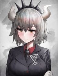  bad_id bad_pixiv_id black_jacket black_necktie blush breasts commentary cosplay fate/grand_order fate_(series) female grey_background helltaker horns jacket jeanne_d&#039;arc_alter_(avenger)_(fate) jeanne_d&#039;arc_alter_(fate) large_breasts long_sleeves lucifer_(helltaker) lucifer_(helltaker)_(cosplay) mole mole_under_eye necktie red_shirt shirt short_hair solo suou-sensei upper_body wavy_mouth white_horns 