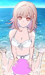  alternate_hair_ornament ball bare_legs beach bikini breasts cleavage closed_mouth cloud copyright_name danganronpa_(series) danganronpa_2:_goodbye_despair female hair_ornament highres kusatakesi large_breasts medium_hair mole mole_on_breast nanami_chiaki navel ocean pink_eyes smile solo starfish stomach swimsuit triangle_hair_ornament unfinished water white_bikini 