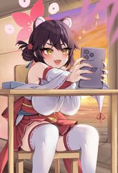  absurdres animal_ears blue_archive breasts brown_hair chair desk female fluffyebi01 hair_ornament halo hamster_ears highres holding holding_tablet_pc ipad japanese_clothes kaede_(blue_archive) large_breasts miko open_mouth red_halo sitting solo tablet_pc thighhighs yellow_eyes 