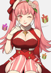  ;) ;p bare_shoulders blunt_bangs box breasts christmas cleavage clothing_cutout commentary female fire_emblem fire_emblem:_three_houses fire_emblem_heroes gift gift_box gloves grey_background hairband highres hilda_valentine_goneril hilda_valentine_goneril_(winter) large_breasts long_hair looking_at_viewer official_alternate_costume one_eye_closed peach11_01 pink_eyes pink_hair pink_thighhighs red_hairband shoulder_cutout simple_background sitting smile solo striped_clothes striped_thighhighs thighhighs tongue tongue_out twintails vertical-striped_clothes vertical-striped_thighhighs very_long_hair white_gloves 