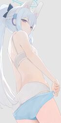  animal_ears ass blue_archive blue_buruma blue_halo blue_shorts bra braid breasts buruma commentary dressing fake_animal_ears female grey_background grey_bra grey_hair grey_panties halo highres hiroki_(yyqw7151) holding_buruma long_hair looking_at_viewer looking_back miyako_(blue_archive) panties ponytail purple_eyes rabbit_ears shorts simple_background small_breasts solo underwear very_long_hair white_background white_bra white_panties 