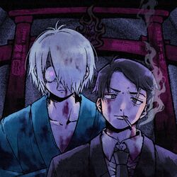  2boys absurdres angry blood blood_on_clothes blood_on_face cigarette collarbone gegege_no_kitarou glowing glowing_eye grey_eyes grey_hair hair_over_one_eye highres japanese_clothes kanimaru_(super_goddog) kitarou_tanjou:_gegege_no_nazo looking_at_viewer male_focus medama_oyaji medama_oyaji_(human) mizuki_(gegege_no_kitarou) multiple_boys parted_lips red_eyes scar scar_across_eye shaded_face smoke smoking suit torii upper_body 