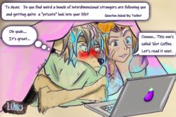  2023 anthro azee_(links) blonde_hair bonding canid canine canis collar colored comfortable coyote cozy english_text farfener female fur hair happy hi_res human links looking_at_viewer mammal night outline paws peaceful resting shiyan_(links) slave sleeping text the_auroran_archives wolf 