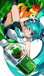  absurdres apple aqua_eyes aqua_hair aqua_nails aqua_necktie aqua_wristband banana bare_arms black_skirt black_socks bottle carrot commentary drink female floating_hair food foreshortening fruit giving grey_shirt grin hair_ornament hatsune_miku highres holding holding_bottle holding_drink kasaki_sakura kneehighs lemon long_hair looking_at_viewer miniskirt nail_polish necktie one_eye_closed outstretched_arm pleated_skirt poppippoo_(vocaloid) shirt skirt sleeveless sleeveless_shirt smile socks solo tomato translated twintails v vegetable vegetable_juice very_long_hair vocaloid waves white_background wristband 