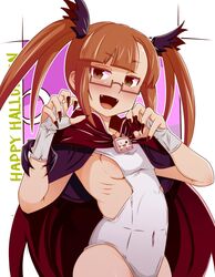  black_ribbon blunt_bangs blush bow breasts brown-framed_eyewear brown_eyes brown_hair brown_nails cape claw_pose clothing_cutout collarbone covered_navel cowboy_shot crescent_moon fangs female fingerless_gloves fingernails glasses gloves hair_ribbon hairbow hands_up happy_halloween highres idolmaster idolmaster_cinderella_girls idolmaster_cinderella_girls_starlight_stage ikebukuro_akiha long_hair looking_at_viewer moon one-piece_swimsuit open_mouth purple_background red_cape revealing_clothes ribbon ribs semi-rimless_eyewear sharp_fingernails side_cutout sideboob small_breasts smile solo standing swimsuit toutouhai twintails under-rim_eyewear usa-chan_robot_(idolmaster) white_gloves white_one-piece_swimsuit 