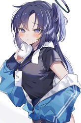  black_footwear blue_archive blue_jacket blush breasts female half_updo halo highres jacket lanyard looking_at_viewer mechanical_halo medium_breasts official_alternate_costume purple_eyes purple_hair simple_background solo sorani_(kaeru0768) star_(symbol) star_sticker sticker_on_face sweat towel towel_around_neck track_jacket upper_body white_background white_towel yuuka_(blue_archive) yuuka_(track)_(blue_archive) 