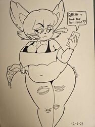  3:4 absurd_res anthro ass belly big_breasts big_butt breasts ear_piercing female food generation_4_pokemon hi_res marcodile nintendo pearl_(huwon) piercing pizza pokemon pokemon_(species) purugly slightly_chubby slightly_chubby_female solo thick_thighs traditional_media_(artwork) wide_hips 