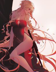  assault_rifle bare_shoulders blonde_hair blush braid breasts bullpup closed_mouth collarbone dress female girls&#039;_frontline gun highres holding holding_gun holding_weapon lips long_hair looking_down medium_breasts official_alternate_costume orange_eyes ots-14_(girls&#039;_frontline) ots-14_(ruler_of_the_banquet)_(girls&#039;_frontline) ots-14_groza red_dress rifle sanya_(sanya_lox228) shell_casing side_braid simple_background solo standing submachine_gun thighs weapon white_background 