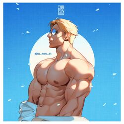  1boy abs artist_name bara blonde_hair closed_mouth goggles highres jezz_mons_art jujutsu_kaisen large_pectorals male_focus muscular muscular_male nanami_kento navel nipples open_clothes open_shirt pectorals shirt short_hair solo twitter_username upper_body white_shirt 