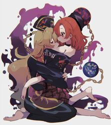  2girls ayahi_4 bad_id bad_twitter_id bare_shoulders black_choker black_dress black_shirt blonde_hair chains chinese_clothes choker clothes_writing dress earth_(ornament) fox_tail gold_chain hat head_on_chest hecatia_lapislazuli highres hug jester_cap junko_(touhou) light_smile long_hair looking_at_another medium_hair multiple_girls off-shoulder_shirt off_shoulder phoenix_crown plaid plaid_skirt red_eyes red_hair red_skirt red_tabard seiza shirt sitting skirt tabard tail touhou underworld_(ornament) very_long_hair yuri 